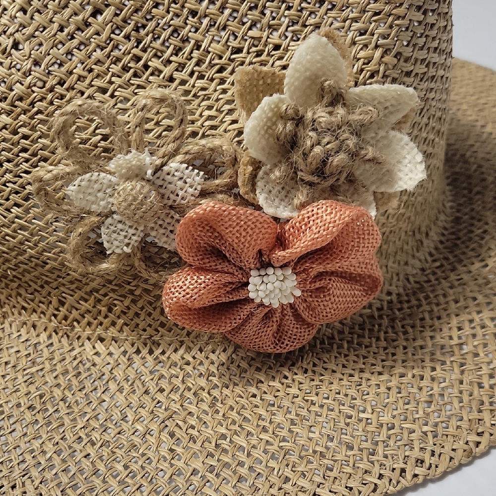 Straw Sun Hat with Floral Accent - Tan - Picture 4 of 6